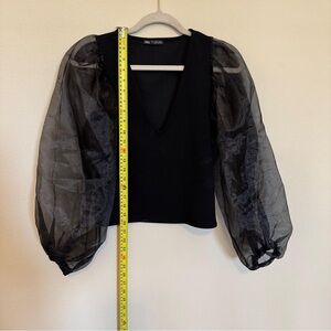 Zara | Black V-Neck Top with Sheer Organza Puff Sleeves | Size Small